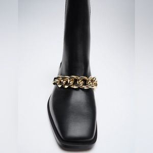 Zara Black Low Heel Chain Ankle Boots, Size 9